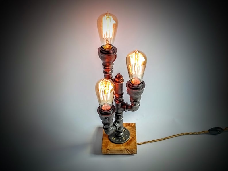 Table lamp, Edison table lamp, Edison lamp, Steampunk lamp, Industrial lighting, Gifts for man on light brown wooden base image 3