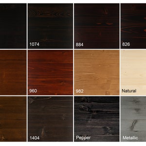 May include: A wood stain color chart with 10 different wood stain colors. The colors are: 856, 1074, 884, 826, 939, 960, 982, Natural, 871, 1404, Pepper, Metallic.