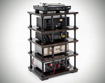 Audio rack with cable management system and adjustable shelf height / Custom made Hi-Fi rack with wire management and adjustable shelves