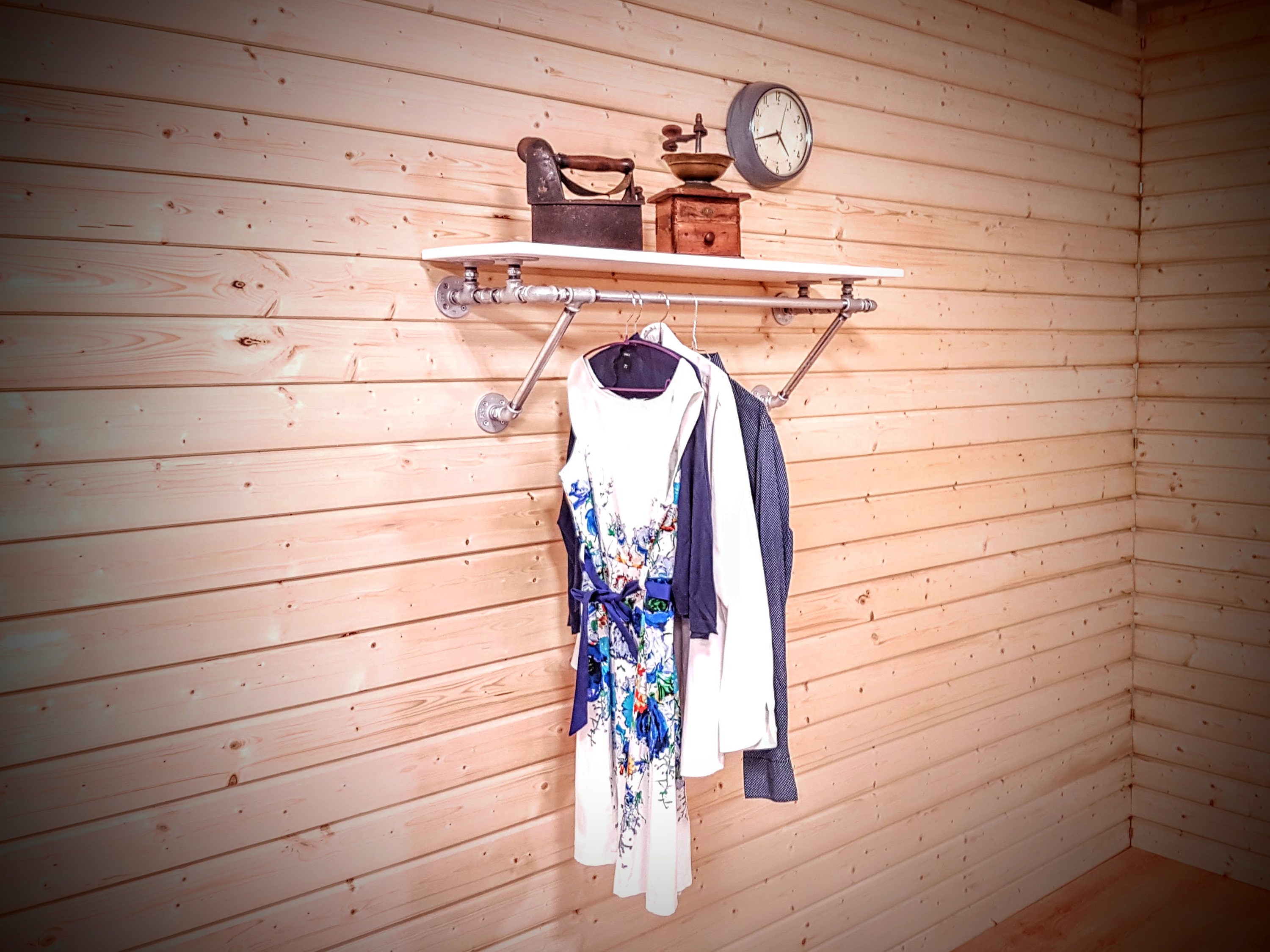 Wall Mounted Clothes Rack With Shelf Industrial Clothing Etsy