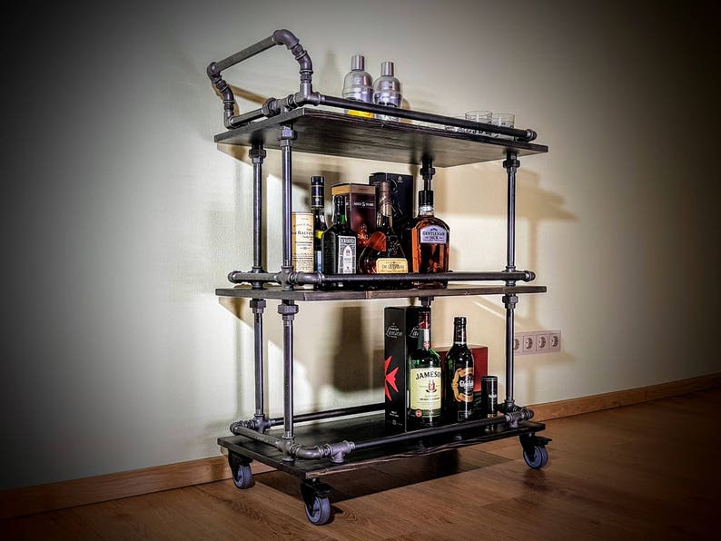 Bar cart, Beverages bar, Wine cart, Industrial bar, Rolling bar, Rustic bar, Liquor cabinet, Industrial furniture, Steampunk furniture, Beer image 1