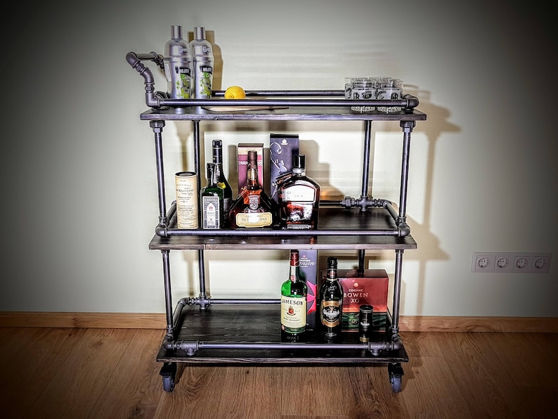 Bar cart, Beverages bar, Wine cart, Industrial bar, Rolling bar, Rustic bar, Liquor cabinet, Industrial furniture, Steampunk furniture, Beer image 6