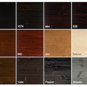 May include: A wood stain color chart with 10 different wood stain colors. The colors are: 856, 1074, 884, 826, 939, 960, 982, Natural, 871, 1404, Pepper, Metallic.