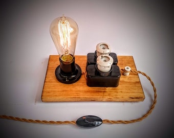 Steampunk lamp, Edison lamp, Industrial lighting, Table lamp, Plug in night light, Edison bulb table lamp,  Fuse lamp, Cool lamp