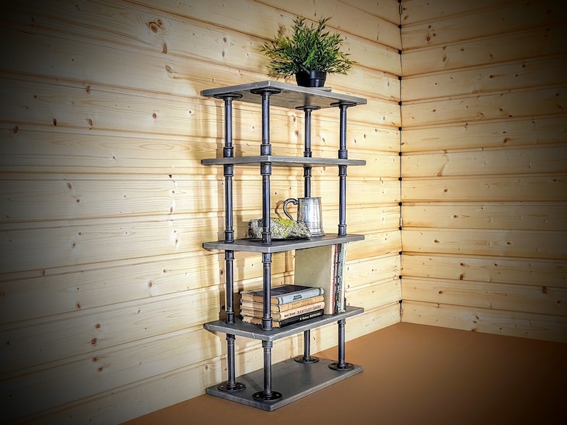 Free Standing Pipe Shelf Rustic Bookcase Industrial Shelve Etsy