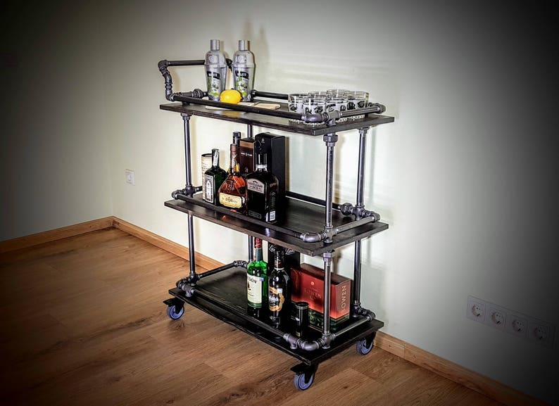 Bar cart, Beverages bar, Wine cart, Industrial bar, Rolling bar, Rustic bar, Liquor cabinet, Industrial furniture, Steampunk furniture, Beer image 3