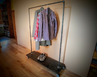 Industrial clothing rack with wooden shelf, Pipe clothing rack with shelf, Store fixture, Clothing display, Garment display, Clothes display