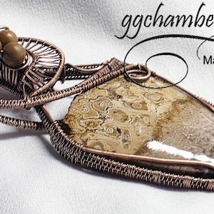 Antiqued Copper Woven Wire Helix Indonesian Fossil Palm Root Cabochon Designer Pendant Wood Beads and Chain