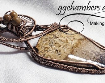 Antiqued Copper Woven Wire Helix Indonesian Fossil Palm Root Cabochon Designer Pendant Wood Beads and Chain
