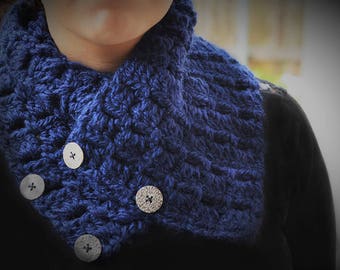 Hand knit navy scarf with silver buttons