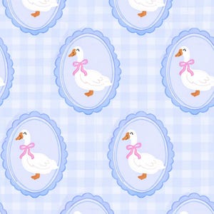 May include: A repeating pattern featuring white geese with pink bows inside blue oval frames. The frames are set against a light blue gingham background. The geese have orange beaks and feet, creating a whimsical design.