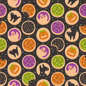 May include: A seamless pattern featuring round biscuits on a dark grey background. The biscuits are decorated with orange jack-o'-lantern faces, purple ghosts, black cats, and colourful sprinkles in green, orange, and purple. Some biscuits have bites taken out of them, showing the light tan interior.