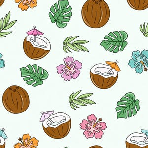 May include: A repeating pattern featuring tropical imagery on a pale green backdrop. The design includes brown coconuts, coconuts with umbrellas, green leaves, and vibrant flowers in orange, pink, and blue. The overall theme is a summer or beach design.