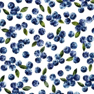 Puede incluir: Ilustración en acuarela de arándanos y hojas verdes dispersas sobre un fondo blanco. Los arándanos son de un color azul profundo con reflejos azules más claros, y las hojas son de un verde vibrante. El diseño crea un patrón sin costuras.