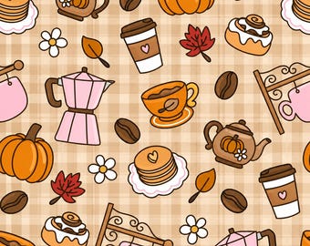 Coffee Shop Cozy Bakery Cinnamon Bun Pumpkin Autumn Fall Halloween Print Scrub Cap Euro, Euro Ponytail and Tie Back Optional Satin Lining
