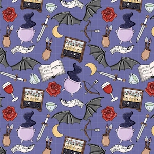 May include: A repeating pattern on a purple grid background features whimsical illustrations. Elements include a cauldron, bat wings, a bow and arrow, a sword, a crescent moon, a rose, a framed picture, a teacup, a wine glass, and a book with the text "hello there darling".