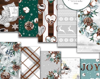 Cosy Winter Christmas Digital Paper Planner Stationery Scrapbook Watercolor Background Seamless Surface Pattern Stickers Fabric