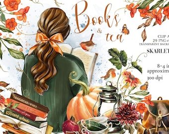Automn Clipart Romantic Fall Books And Tea Autumn Flowers Leafs Cozy Fall Planner Stickers Girly planner DYI