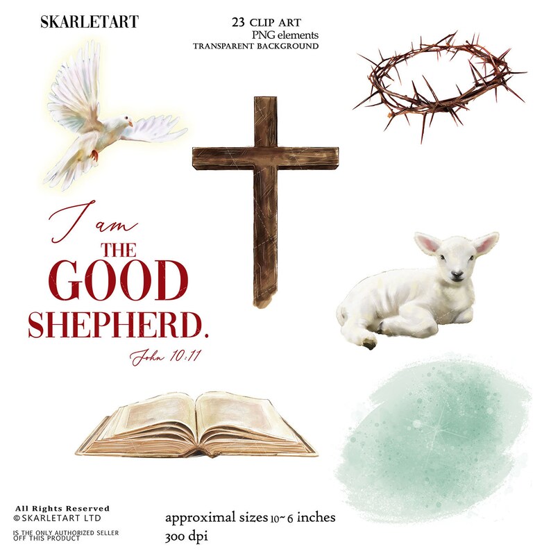 May include: A collection of 23 clip art PNG elements with a transparent background. The image includes a white dove, a wooden cross, a crown of thorns, a lamb, an open book, and the text "I am the Good Shepherd." The approximate sizes are 10-6 inches.