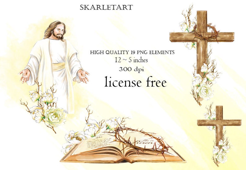 Op de afbeelding: Waterverfillustraties met religieuze thema's. Bevat een afbeelding van Jezus, kruisen, een doornenkroon en een open boek met tekst. De afbeelding heeft een zacht pastelkleurenpalet met bloemaccenten en de tekst "SKARLETART".