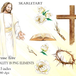 Op de afbeelding: Waterverfillustratie met Jezus Christus, een houten kruis, een open boek, een doornenkroon en witte pioenrozen. De afbeelding bevat de tekst "license free" en "HIGH QUALITY 19 PNG ELEMENTS". De elementen vari&euml;ren van 12,7 tot 30,5 cm.