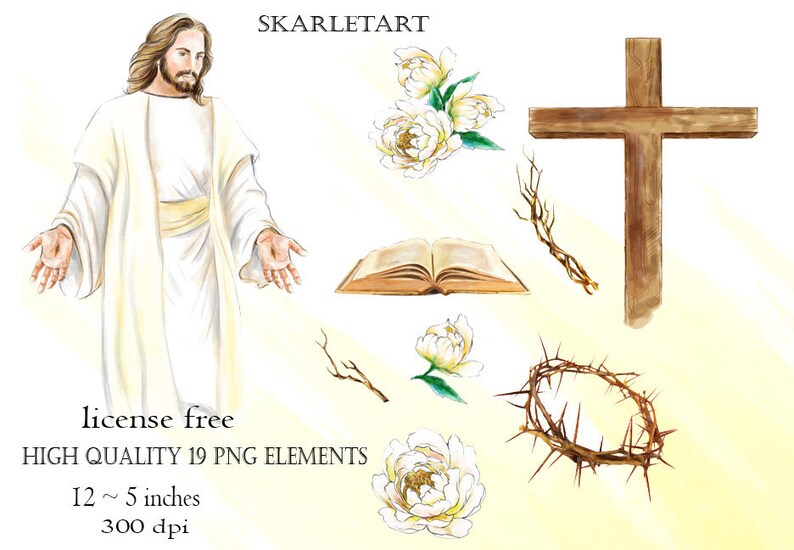 Op de afbeelding: Waterverfillustratie met Jezus Christus, een houten kruis, een open boek, een doornenkroon en witte pioenrozen. De afbeelding bevat de tekst "license free" en "HIGH QUALITY 19 PNG ELEMENTS". De elementen vari&euml;ren van 12,7 tot 30,5 cm.