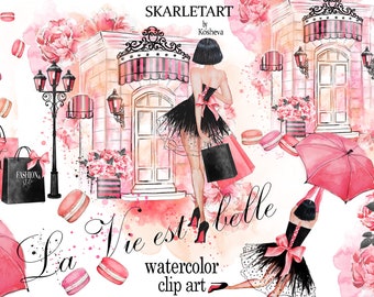 Aquarel Mode Clipart Winkelen Clipart Shopping Bag Paraplu laduree Winkel Franse bitterkoekjes Parijs Clipart Planner Supplies