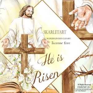 Clipart de Páscoa, clipart de Jesus, ressurreição, páscoa em aquarela, cruz cristã, a Bíblia Sagrada, peônia de primavera, suprimentos de planejador religioso DIY
