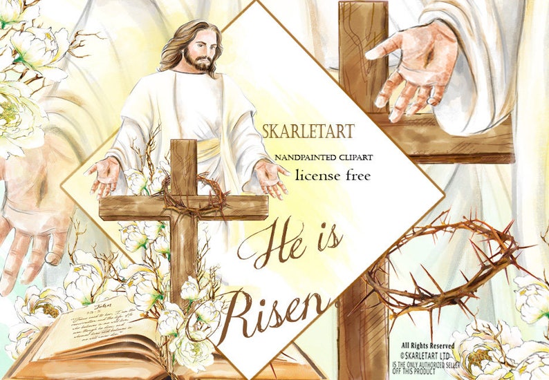 Op de afbeelding: Waterverf clipart met een afbeelding van Jezus met een kruis en een doornenkroon. De afbeelding bevat de tekst "He is Risen" en is omgeven door witte bloemen. De stijl is handgeschilderd.