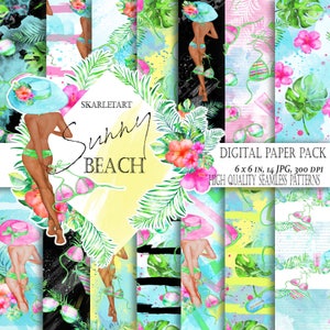 Summer Paper Pack Hibiscus  Girl Pink Orange Hibiscus Fashion Illustration Tropical Backgrounds Planner Stickers Supplies