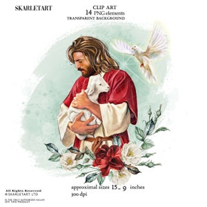 May include: Digital clip art with a religious theme. The image shows a figure in red and white robes holding a lamb, with a white dove above. Floral elements include red and white roses. Text includes "CLIP ART" and size details: 38-23 cm.