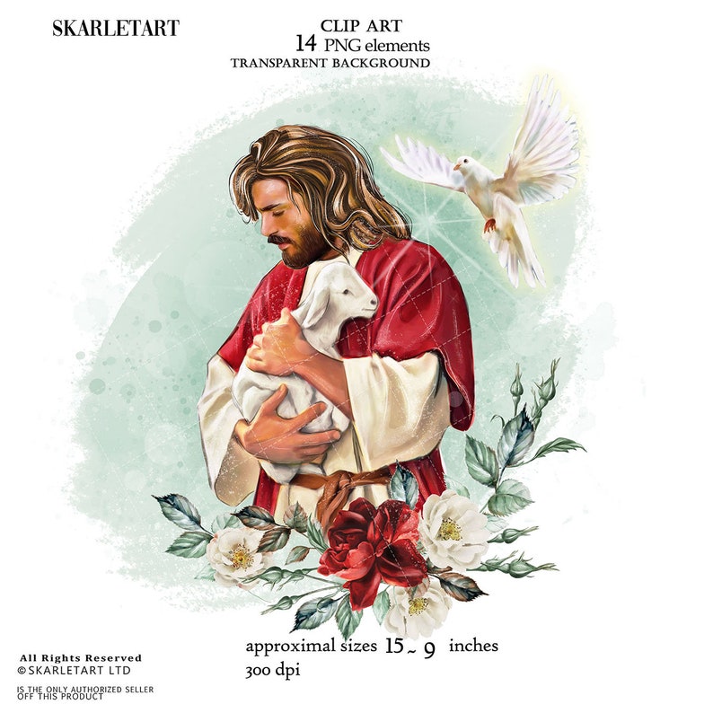 May include: Digital clip art with a religious theme. The image shows a figure in red and white robes holding a lamb, with a white dove above. Floral elements include red and white roses. Text includes "CLIP ART" and size details: 38-23 cm.