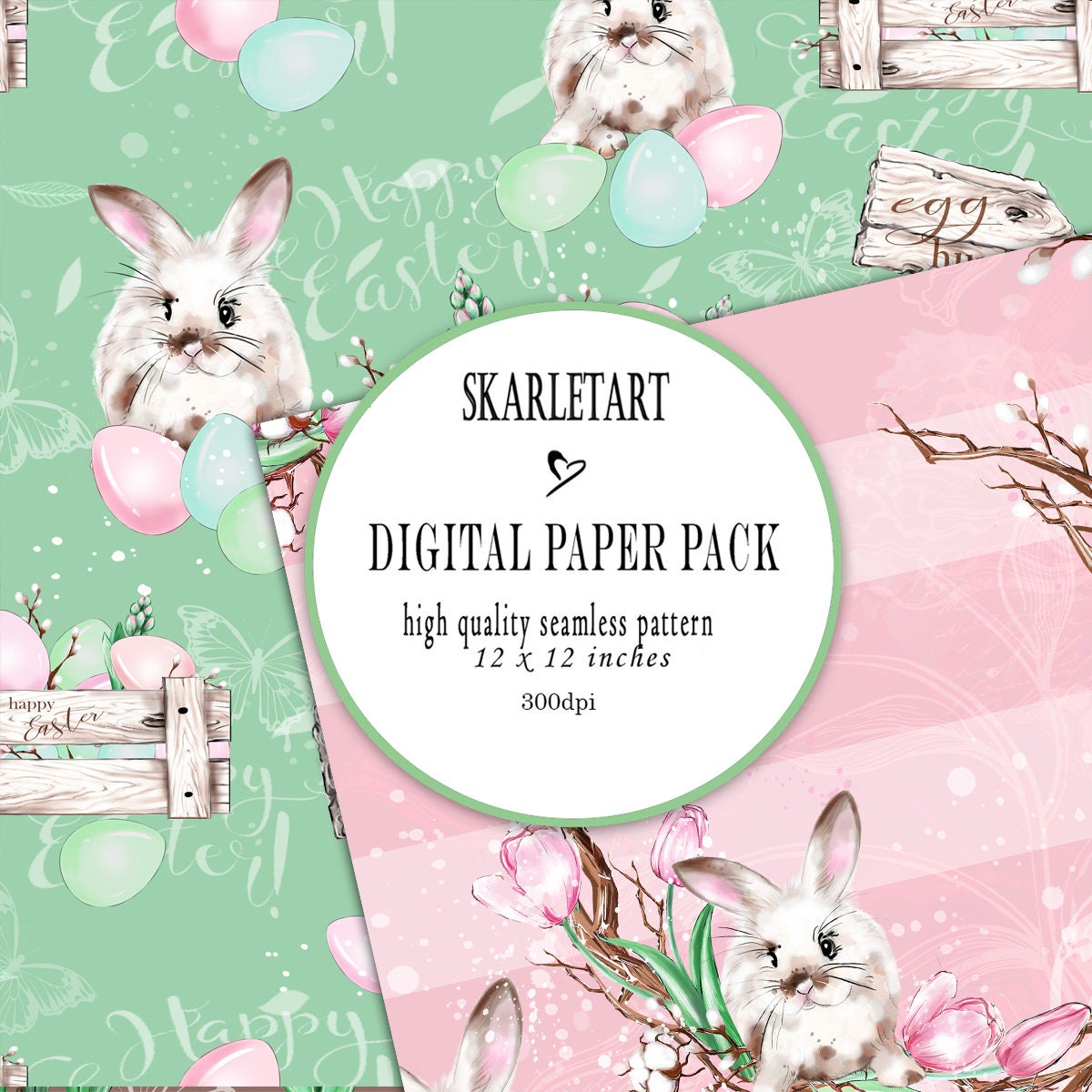 Digital Paper Pack Easter Paper Pack Pastel Pink Green Easter Bunny ...