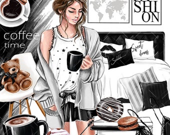 Coffee Clipart Girl Boss Fashion Clipart Monday Coffee Planner Clipart Cute Bear Black Coffee Bedroom Girly Planner DIY decor