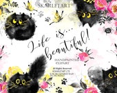 Spring Clipart Cute Cat Clipart Butterfly Watercolor Spider Watercolor Peonis Floral Black Cat Nursery Room decor Cute Planner