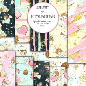 クリスマスペーパー、プランナー DIY 用品、デジタル スクラップブック、デジタル ペーパー パック クリスマス パターン、冬のペーパー クリスマス エンジェルの印刷可能