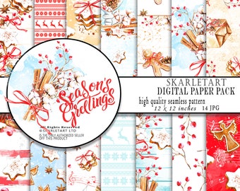 Pacchetto di carta natalizia, sfondi digitali natalizi, carta per scrapbooking beige e rossa, acquerello, inviti, forniture per agenda.