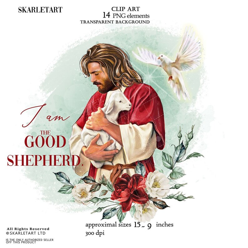 May include: Digital clip art with a religious theme. The image shows a figure in red and white robes cradling a lamb, accompanied by a dove and flowers. Text reads "I am the Good Shepherd." Approximate sizes are 38 x 23 cm.