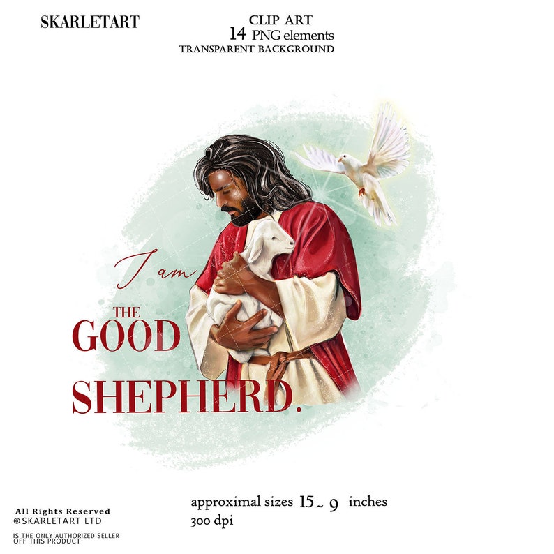 May include: Digital clip art of a figure in red and white robes holding a lamb, with a dove above. Text reads "I am the Good Shepherd." The image has a transparent background and is approximately 38 x 23 cm.