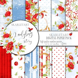 Summer Paper Pack Floral Background Poppy Flower Paper Ladybug Daisy Blue Red Floral Illustration Planner Stickers Supplies