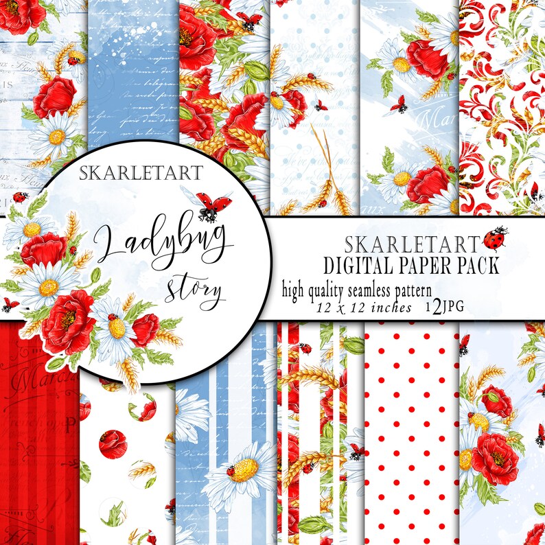 Summer Paper Pack Floral Background Poppy Flower Paper Ladybug Daisy Blue Red Floral Illustration Planner Stickers Supplies