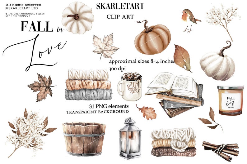 Automn Clipart Farmhouse Clipart Romantic Fall Pumpkin Knitted Coffe Autumn Outfit Leafs Cozy Fall Planner Stickers Girly planner DYI image 4