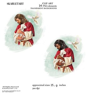 May include: Digital clip art showing two illustrations of a figure in red and white robes holding a lamb, with a dove above. The text "SKARLETART" and "CLIP ART" are visible. Approximate sizes are 38 x 23 cm.