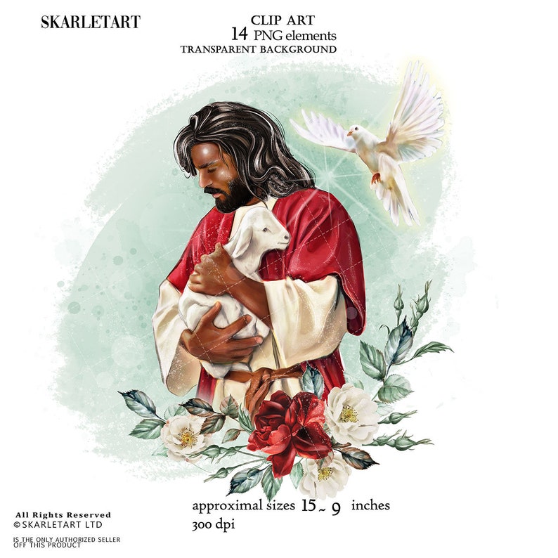 May include: Digital clip art of a figure in a red robe holding a lamb, with a white dove and floral accents. The image includes the text "CLIP ART 14 PNG elements TRANSPARENT BACKGROUND" and approximate sizes 38-23 cm.