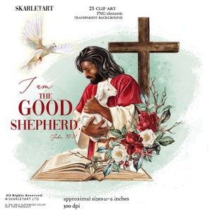 May include: Digital clip art featuring a religious theme. The image shows a man in red and white robes holding a lamb, with a cross and flowers in the background. Text reads "I am the Good Shepherd."