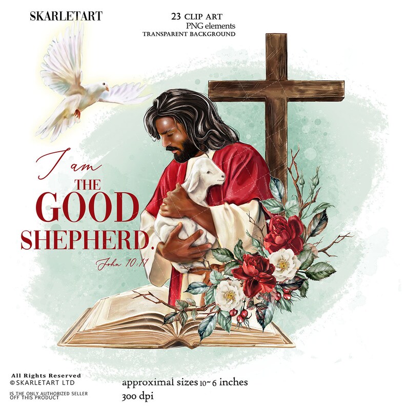 May include: Digital clip art featuring a religious theme. The image shows a man in red and white robes holding a lamb, with a cross and flowers in the background. Text reads "I am the Good Shepherd."