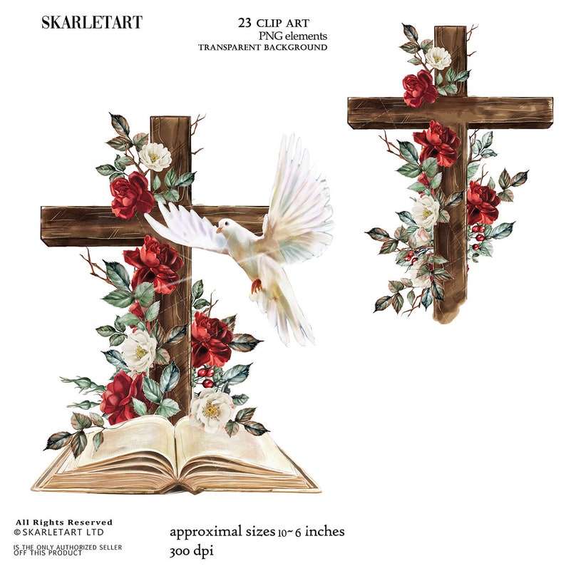 May include: Watercolor clip art featuring two wooden crosses adorned with red and white roses, green leaves, and a white dove. An open book is at the base of one cross. The text "SKARLETART" and "23 CLIP ART PNG elements" are visible.