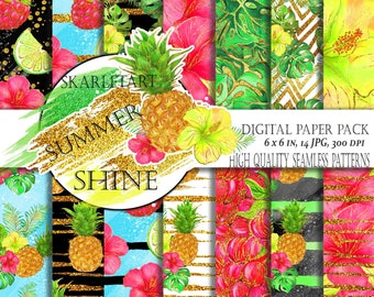 Summer Glittering Paper Pack Hibiscus  Pink Yellow Hibiscus Gliter  Fashion Illustration Tropical Backgrounds Planner Stickers Supplies