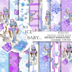 Winter Paper Pack, Cute Christmas Paper Pastel Glitter Blue Lavender Purple, Cozy  Winter Coffe Mug, Deer Planner SuppliesSnowflakes