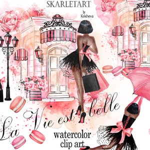Acquerello Moda Clipart Ragazza afroamericana Clipart Shopping Bag Ombrello Francese Macaroons Paris Clipart Planner Forniture